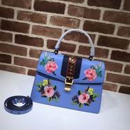 Gucci Sylvie embroidered leather top handle bag blue leather 