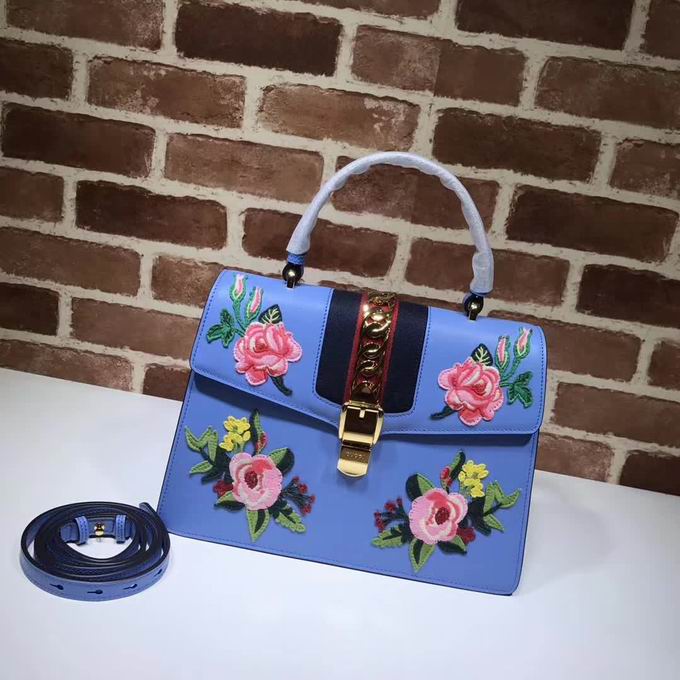  Gucci Sylvie embroidered leather top handle bag blue leather