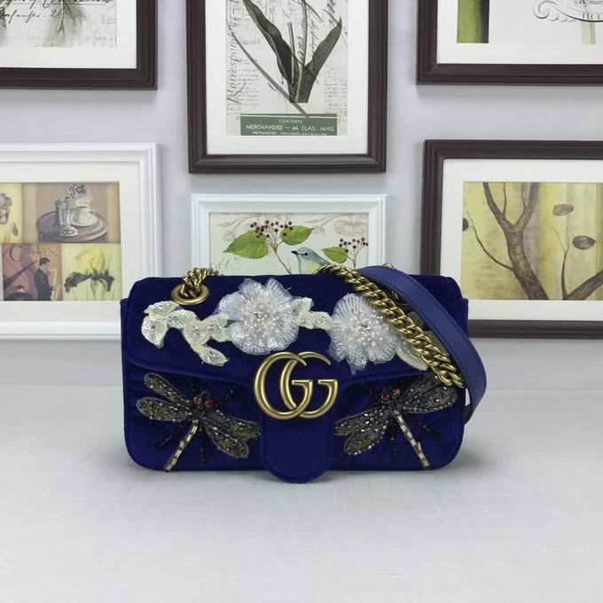  Gucci GG Marmont embroidered velvet mini bag cobalt blue chevron velvet