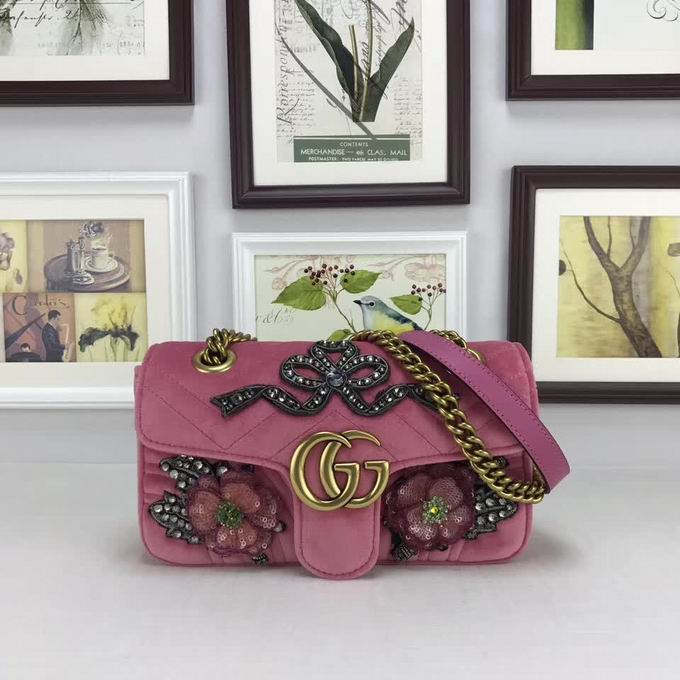  Gucci GG Marmont embroidered velvet mini bag pink chevron velvet