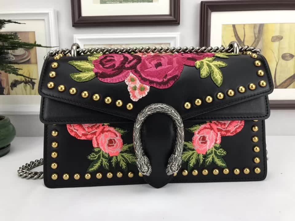  Gucci Dionysus embroidered shoulder bag black leather
