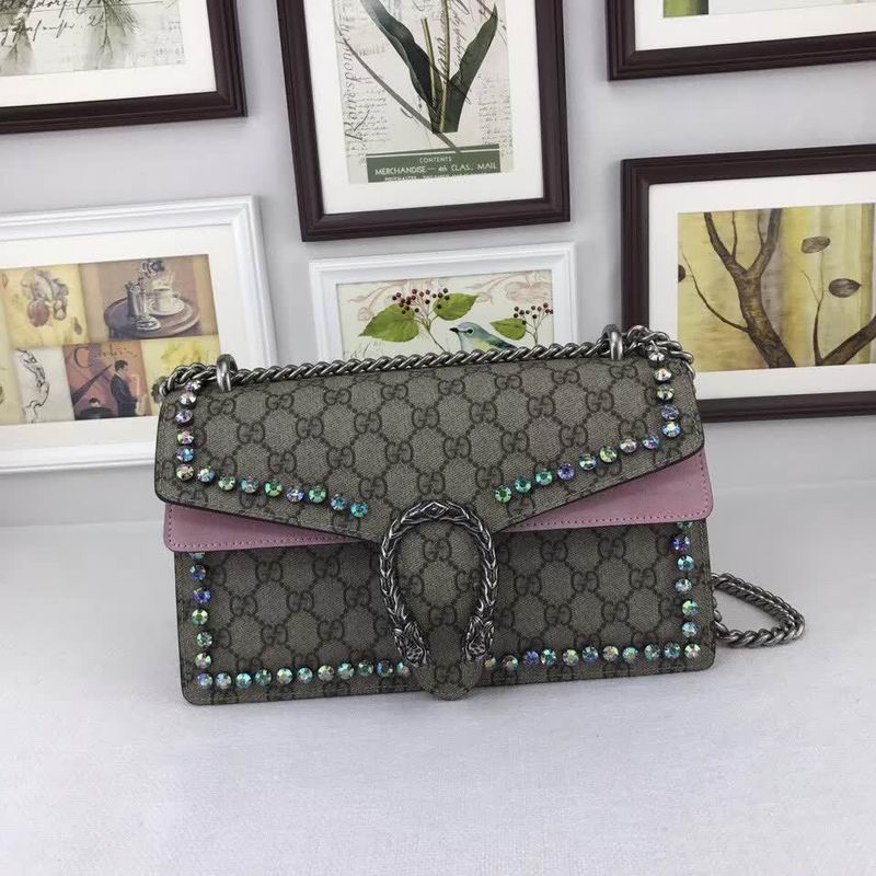  Gucci Dionysus GG Supreme shoulder bag with crystals pink