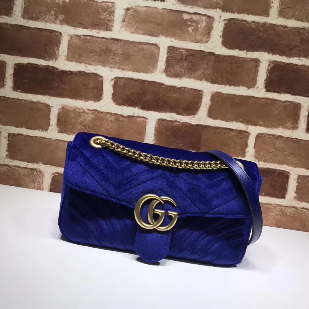  Gucci GG Marmont Chevron velvet shoulder bag blue chevron velvet