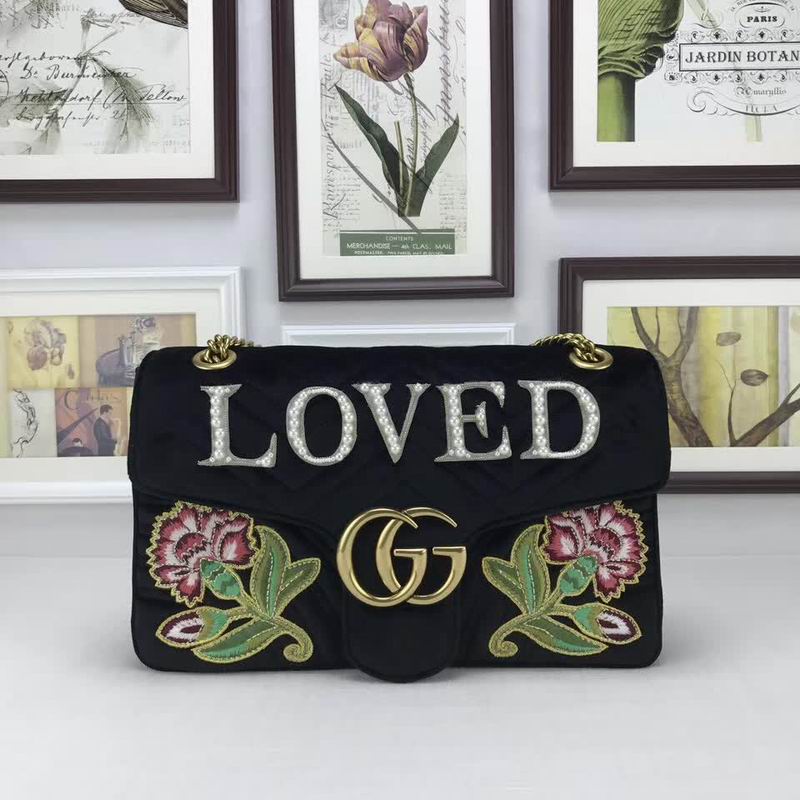  Gucci GG Marmont embroidered velvet bag black chevron velvet
