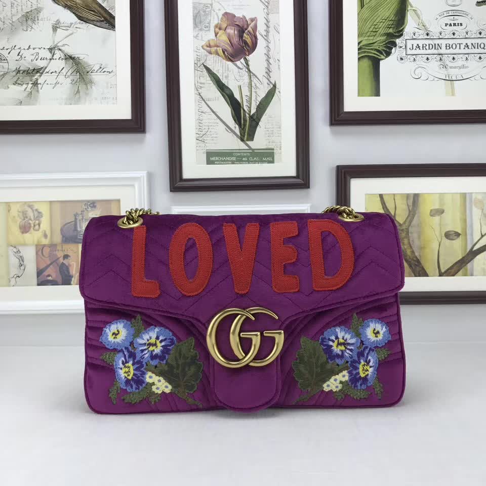  Gucci GG Marmont embroidered velvet bag purple chevron velvet