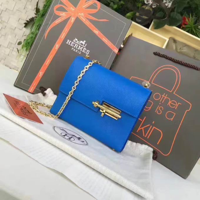  Hermes mini Chevre verrou shoulder Bag in blue with gold metal or silver metal
