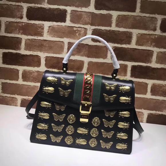  Gucci Sylvie animal studs medium top handle bag black